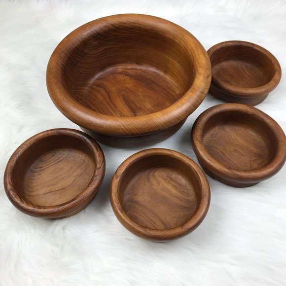 Other - 5 Piece Teak Wood Salad Soup Serving Bowl Dish Set Farmhouse Cottagecore Vintage